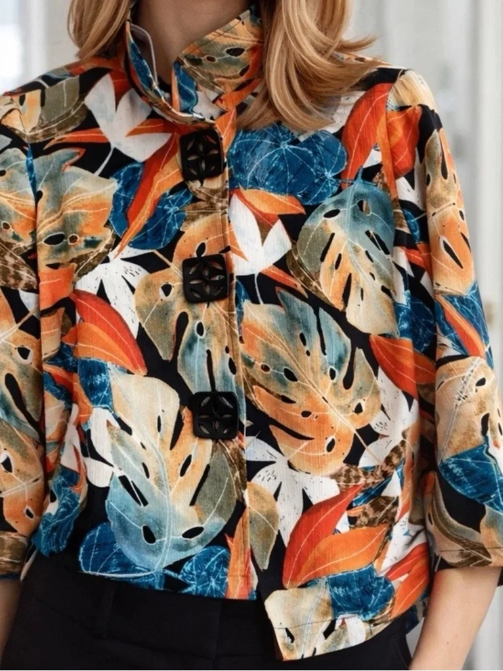 Joseph Ribkoff Tunic Button Up Swing Jacket Leaf Print Artsy Womens Size 12 - Picture 12 of 12